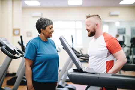 fitness coach explaining treadmill settings to womanの素材