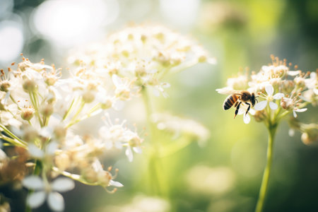 a bee pollinating wildflowers with dense woods behindの素材