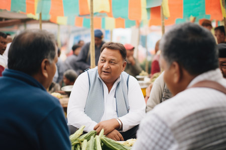 politician meeting with farmers at a local marketの素材