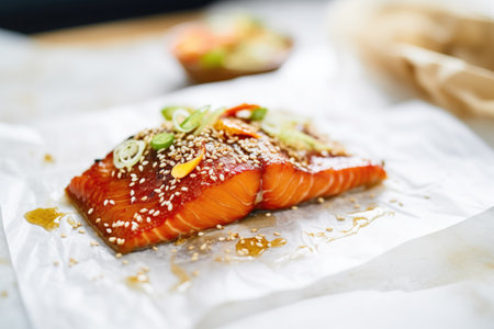 close-up of glazed salmon with sesame seeds on parchmentの素材
