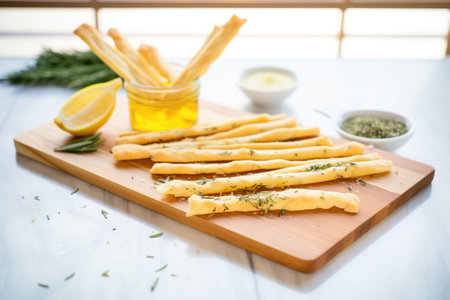 olive oil and rosemary breadsticks on a boardの素材