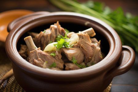 fork-tender carnitas chunks in a rustic clay potの素材