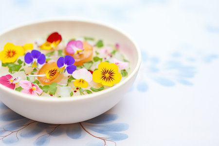 close shot of scallop ceviche with microgreens and edible flowersの素材