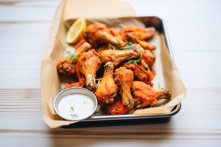 crispy fried chicken wings in a paper-lined trayの素材