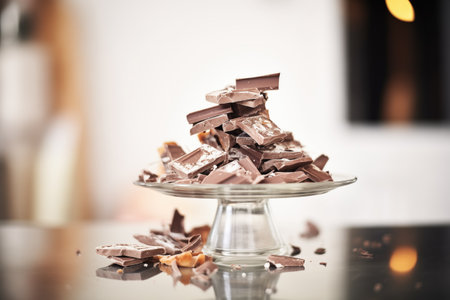 chocolate bar pieces stacked on a glass plateの素材