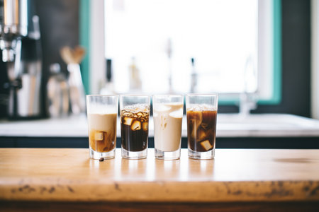 multiple glasses of cold brew, varying coffee levelsの素材