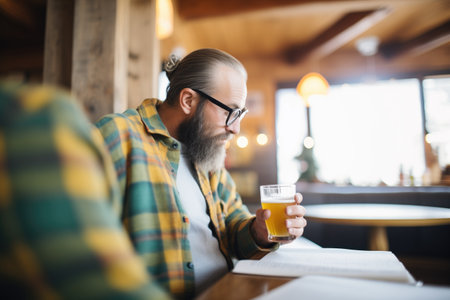 individual enjoying a craft beer while reading at a pubの素材