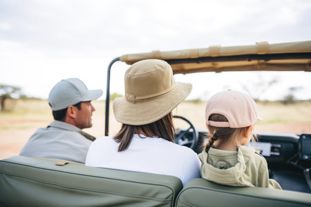 family viewing wildlife from a safari jeepの素材