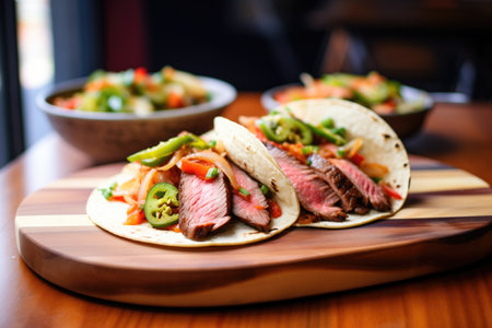 flank steak fajitas with grilled scallions on a wooden plateの素材