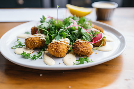 golden-brown falafels on a white plate with tahini sauceの素材