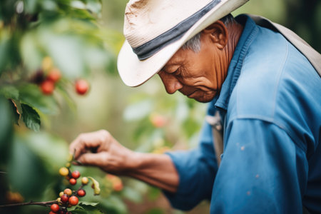 farmer handpicking coffee cherries in a plantationの素材