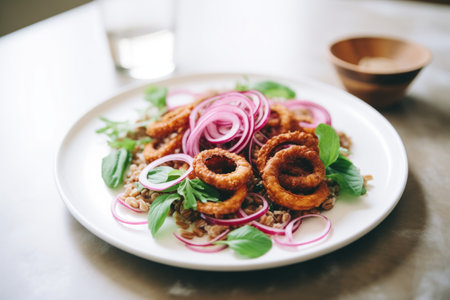 farro salad with red onion rings and balsamic glazeの素材