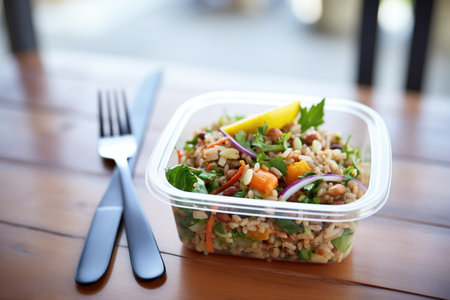 farro salad in a to-go container with plastic forkの素材