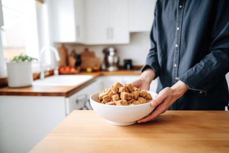 person holding a bowl of tempeh over a kitchen counterの素材