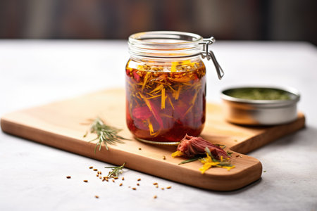 a jar of fermenting beet kvass on a slate kitchen countertopの素材