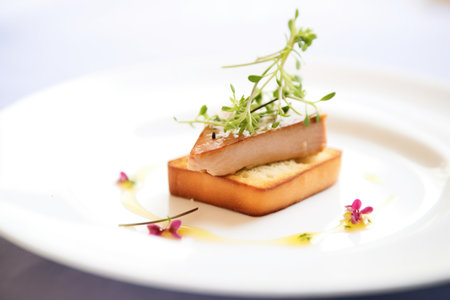 foie gras on toast with a sprig of thyme on topの素材