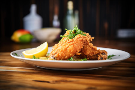 fried chicken with lemon wedges and parsley garnishの素材