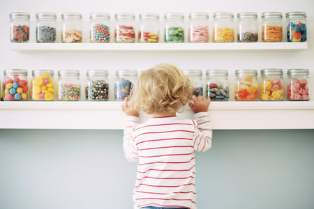 a child choosing from a variety of candy jarsの素材