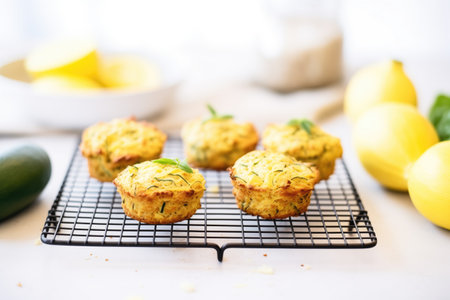 zucchini gluten-free muffins on a cooling rack with zucchiniの素材