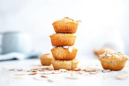 a stack of almond gluten-free muffins with almonds scattered aroundの素材