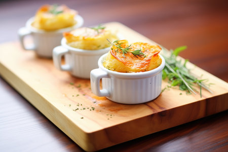 individual ramekins of gratin dauphinois on a wooden boardの素材