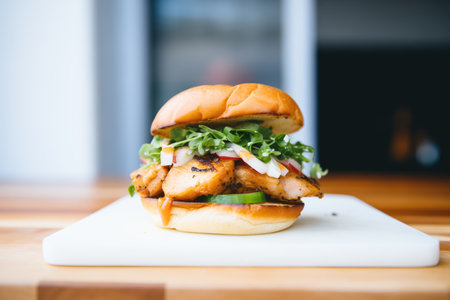 grilled chicken in a bun as a healthy sandwich optionの素材