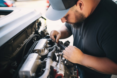 mechanic fitting a new timing belt on engineの素材