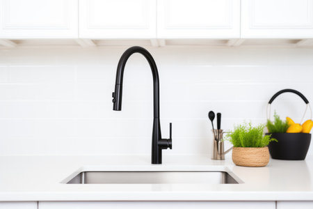 modern black kitchen tap over a white basin with clean backdropの素材
