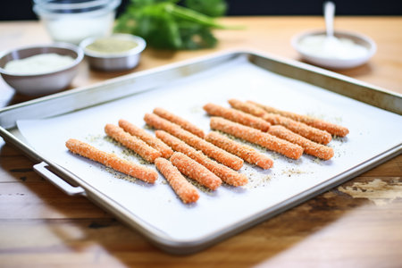 hand-rolled mozzarella sticks on a baking sheetの素材