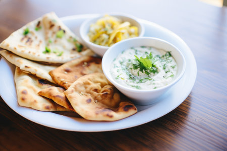 naan with dips: hummus, baba ganoush, and tzatzikiの素材