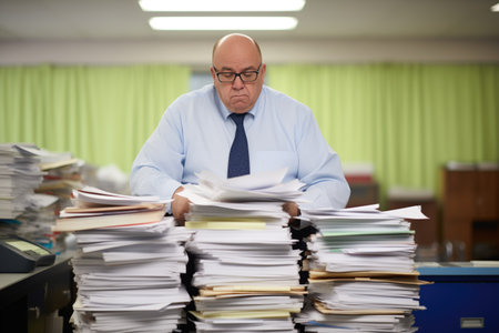 clerk reviewing large stacks of paperworkの素材