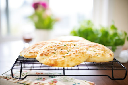 freshly baked pita loaves on a cooling wire rackの素材