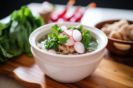 heaping bowl of pozole topped with radish and lettuceの素材