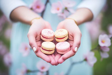 hands holding raspberry macarons, blurred garden backgroundの素材
