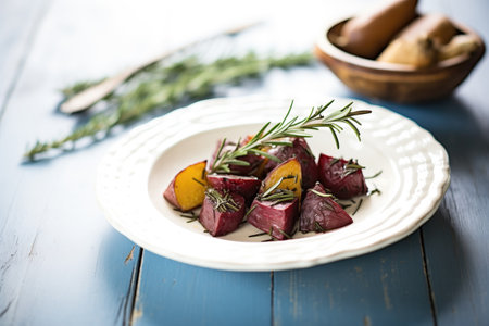 roasted beets with thyme sprigs on a serving plateの素材