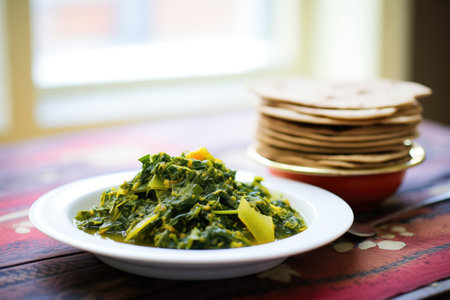 plate of saag aloo beside a stack of chapatisの素材
