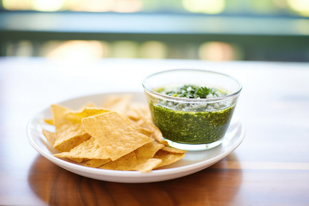 salsa verde in a glass dish, corn chips nearbyの素材