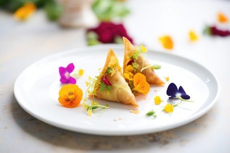 samosas styled on an elegant plate with edible flowersの素材