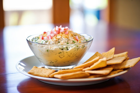 half-eaten bowl of dip showing layers, with whole wheat chipsの素材