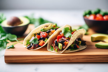 vegan tacos with avocado and black beans on a wooden boardの素材