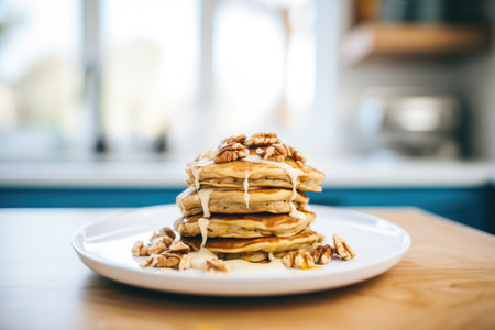 vegan banana walnut pancakes in natural lightの素材