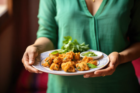 woman holding plate of pakoras with cilantroの素材