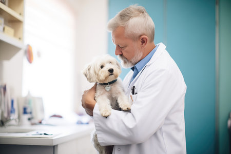 veterinarian examining a dog in clinicの素材
