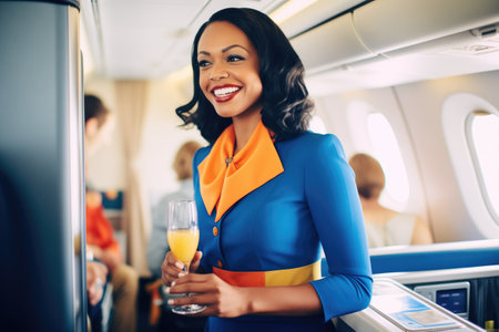 flight attendant serving drinks to passengersの素材