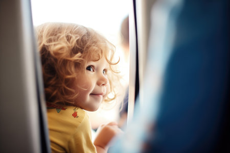 child peeking out of window seat during flightの素材