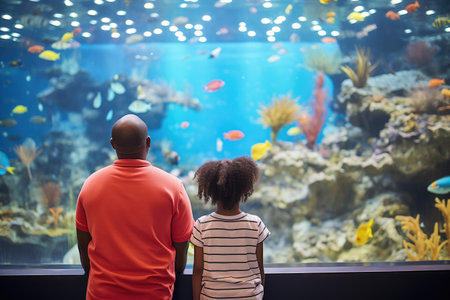 family observing vibrant coral reef tank with diverse fishの素材