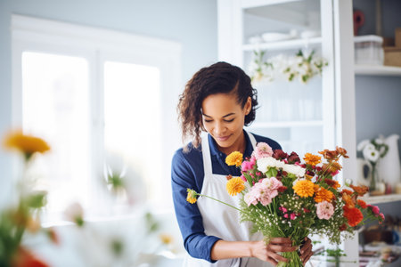 floral designer arranging fresh flowers in a bright studioの素材