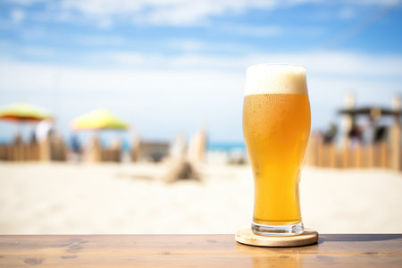 blonde ale in a pilsner glass, golden color, next to a sunny beach sceneの素材