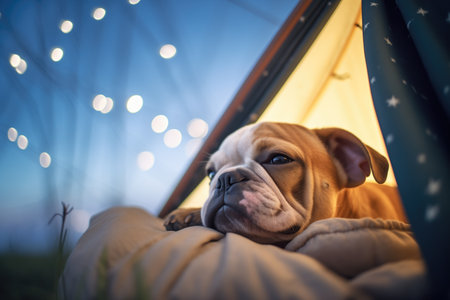 dog sleeping outside a tent under a starfilled skyの素材