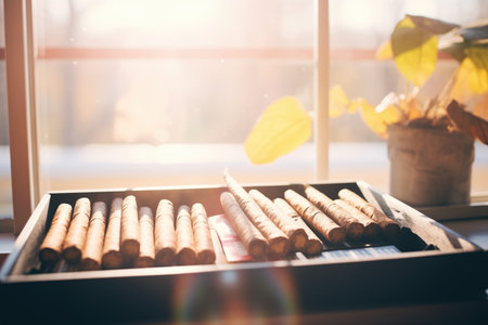 sunlight illuminating an array of cigars on a windowsillの素材